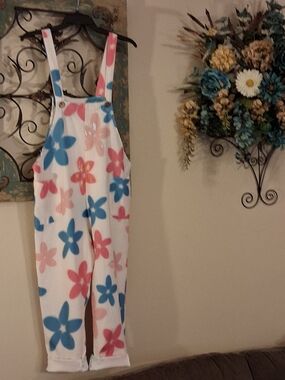 Floral Fleece Overall Jumpsuit - White with Pink & Blue Flowers. Size S/M